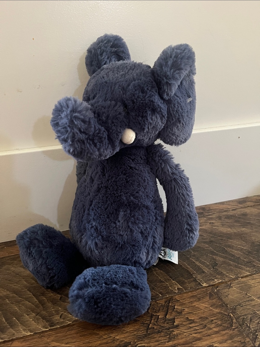 Jellycat Bashful Blue Elephant plush toy.